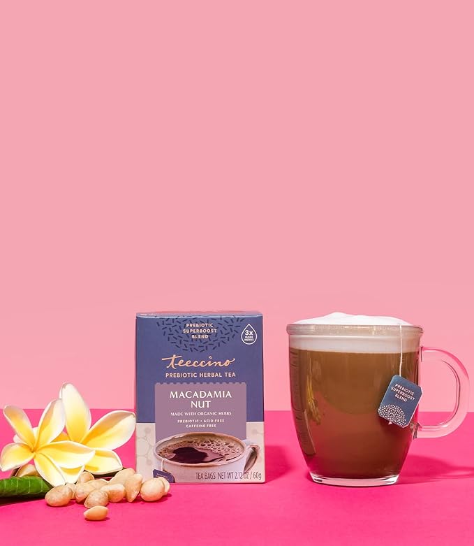 Teeccino Macadamia Nut - Prebiotic SuperBoost™ Herbal Tea - Support Your Probiotics with Vegan GOS &amp Organic XOS For Good Gut Health - Digestive Dessert Tea 25 Tea Bags (Pack of 2)