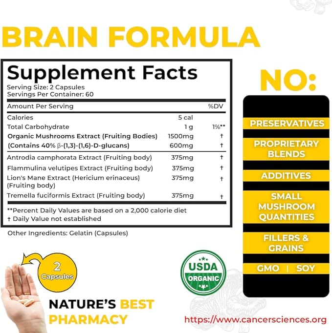Cancer Sciences Brain Supplements for Memory and Focus - 1500mg Brain Health Mushroom Supplement for Adults &amp Seniors - High Potency 40% Beta-Glucans for Immune Support &amp Vitamins 120 Capsul
