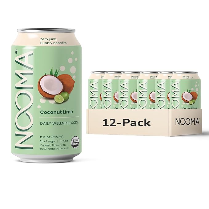 NOOMA - Daily Wellness Soda - Low Calorie &amp Low Sugar Healthy Soda - Organic &amp No Sucralose or Aspartame - Supports Muscle Recovery &amp Immune System - Vegan - Coconut Lime - 12 Pack (12oz e