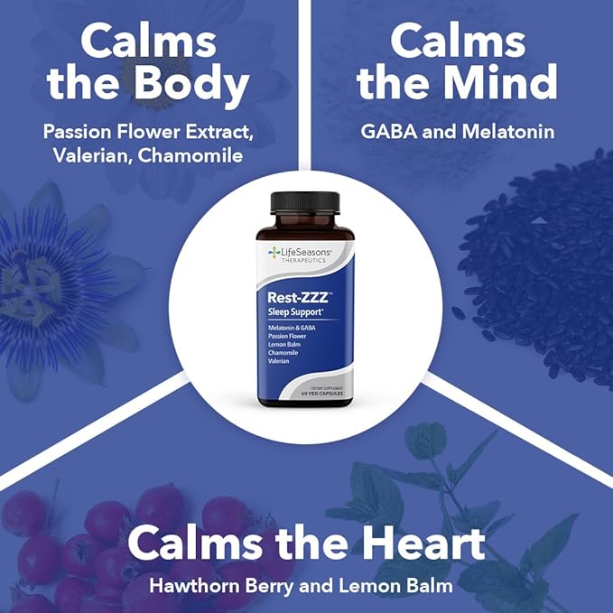 LifeSeasons Rest-ZZZ - Natural Sleep Support Supplement - Fall Asleep &amp Stay Asleep - Calms Nervous System - Ease Muscle Tension &amp Restlessness - Low Dose Melatonin GABA &amp Chamomile - 120