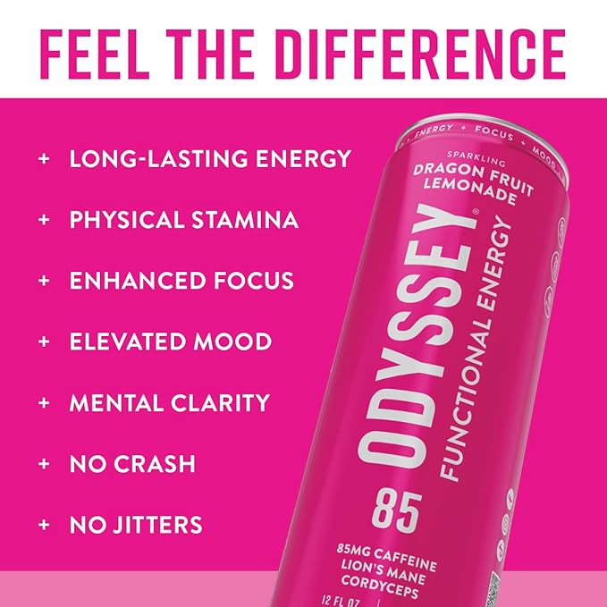 Odyssey Functional Energy Drink for Focus Cognition &amp Mood Support 12 Pack - Adaptogenic Drink with 85mg Green Tea Caffeine Lion’s Mane Cordyceps L-Theanine &amp Ginseng Variety Pack