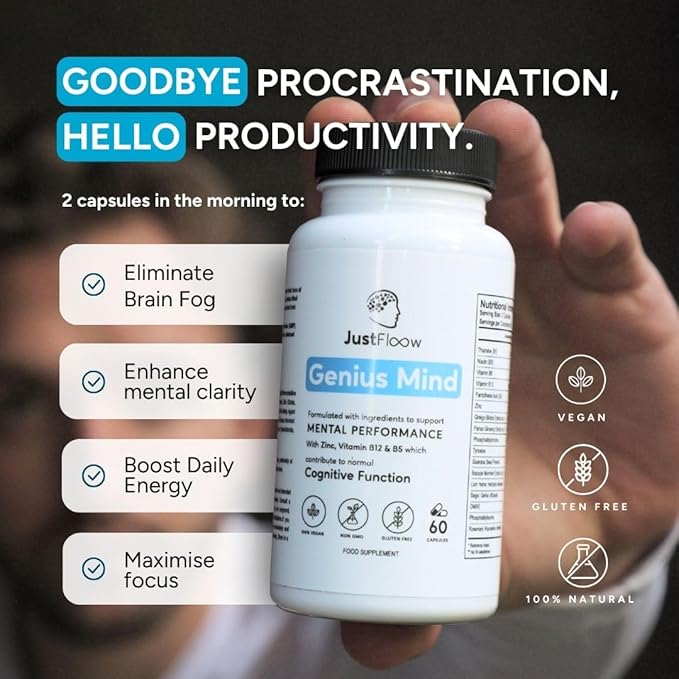 Genius Mind® Nootropic Brain Supplement Support Cognitive Function Energy Levels Focus &amp Memory Function - 17 Brain Boosting Ingredients Including Lions Mane Bacopa Ginkgo &amp Vitamin B12
