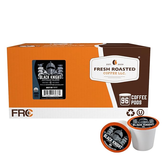 Fresh Roasted Coffee Organic Black Knight | USDA Kosher | Dark Roast 96 Pods for K Cup Brewers