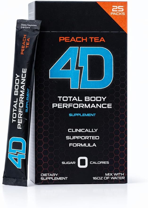 4D - Peach Tea 25 Unit - Electrolytes Aminos Vitamins &amp Energy Powder Packets - Zero Calories &amp Sugars - Gluten Free Non-GMO Keto &amp Vegan Friendly