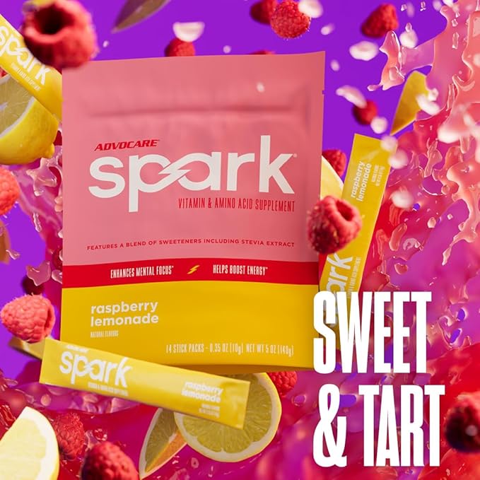 AdvoCare Spark Vitamin &amp Amino Acid Supplement - Sugar-Free Focus &amp Energy Drink Powder with Vitamins A C E &amp B-12 - Raspberry Lemonade 14 Stick Packs