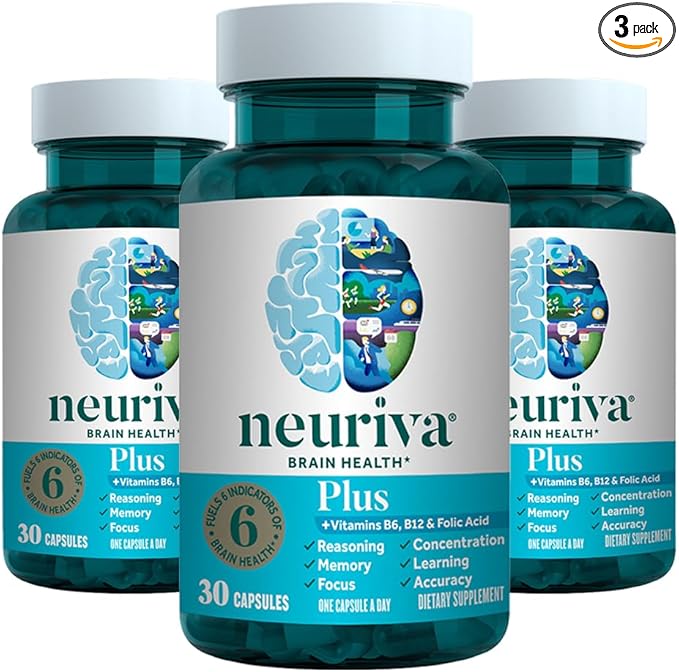 NEURIVA Plus Brain Supplement for Memory Focus &amp Concentration + Cognitive Function with Clinically Tested Nootropics Phosphatidylserine and Neurofactor VIT B6 &amp B12 30 Count Capsules (3 Pa
