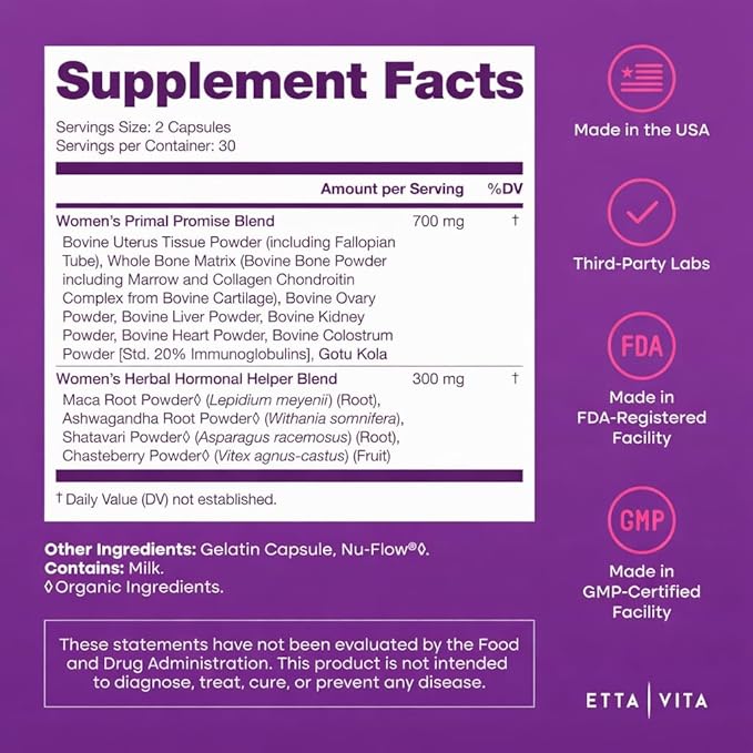 Primal Beef Organ Supplement for Women (Made in USA) Boosted w Shatavari Maca Ashwagandha and Chasteberry - Grass Fed Uterus Ovary Liver Kidney Heart Bone Matrix Gotu Kola and Queen Colostrum