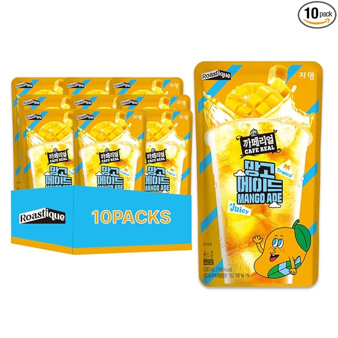 ROASTIQUE Official Cafe Real Mango - Flavored Juice Drink Pouch Tropical Juicy Ade Korean Convenience Store Drinks 7.77 fl oz (Pack of 10)