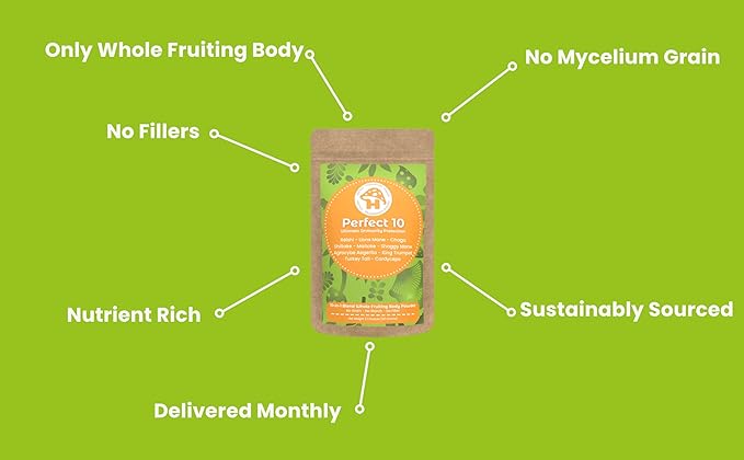 Hongo Mushroom Power - Perfect 10 Mushroom Complex Powder - Lions Mane Reishi Cordyceps Chaga Turkey Tail Maitake Supplements - for Immunity Energy Memory &amp Focus - (60 Servings)