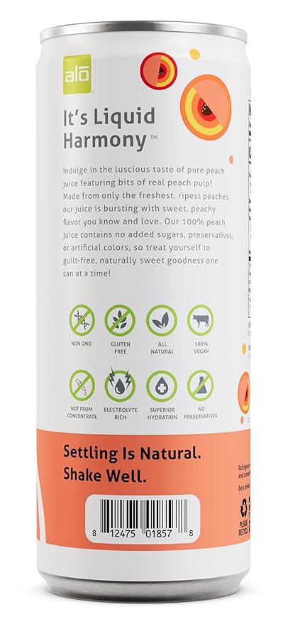 ALO Slim Can Juice Peach with Real Fruit Pulp| 10.82 fl oz Pack of 12 | Plant-Based Beverage 100% Natural Juice