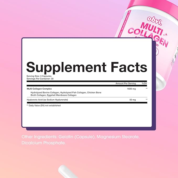 Obvi Multi Collagen Supplement with Hyaluronic Acid | Skin Care Hair Nail Joint Support for Women Gut Health | Hydrolyzed Protein Type I II III V X | 30 Capsules 30 Servings