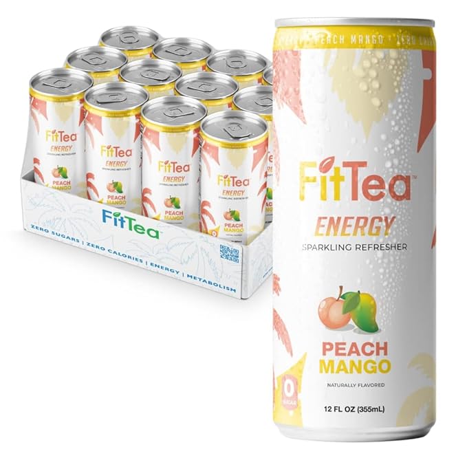 FitTea Healthy Energy Drink 12 Fl Oz - Peach Mango Pre Workout Sparkling Refresher (12 Pack) Natural Green Tea Energy Drinks Sugar Free