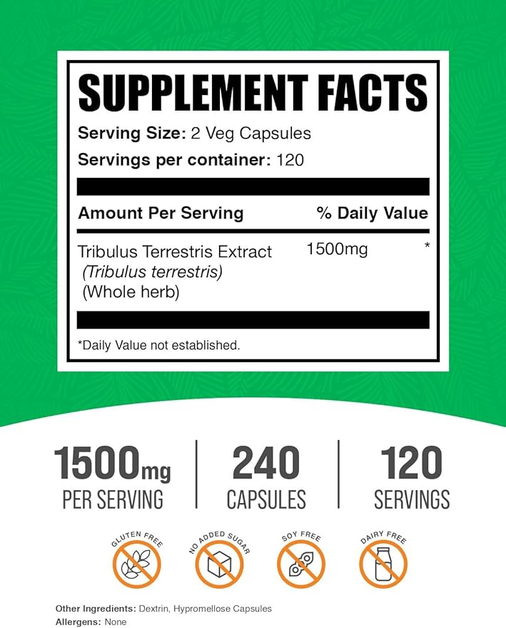 BulkSupplements.com Tribulus Terrestris Capsules - Herbal Supplement Tribulus Terrestris 1500mg - Gluten Free 2 Capsules per Serving 240 Count (Pack of 1)