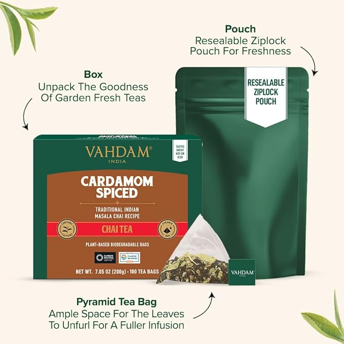 VAHDAM Cardamom Masala Chai Tea Bags (100 Count) Non GMO Gluten Free No Artificial Flavor | Blended w/Exotic Spices | Chai Tea | Resealable Ziplock Pouch
