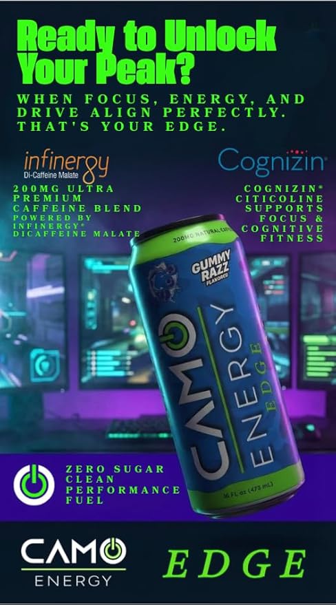 CAMO Energy Edge Gummy Razz Flavor Energy Drink 16oz Cans 12 Pack Ultra Premium Caffeine Blend with Infinergy® DiCaffeine Malate Cognizin® Citicoline for Cognitive Fitness Zero Sugar