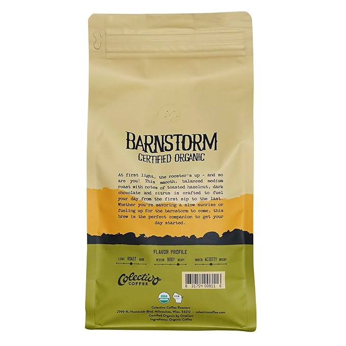 Colectivo Coffee Barnstorm Medium Roast Whole Bean Coffee 2 lb Bag - Certified Organic &amp Fair Trade - Smooth &amp Balanced Flavor Profile - Artisan Roasted in Milwaukee