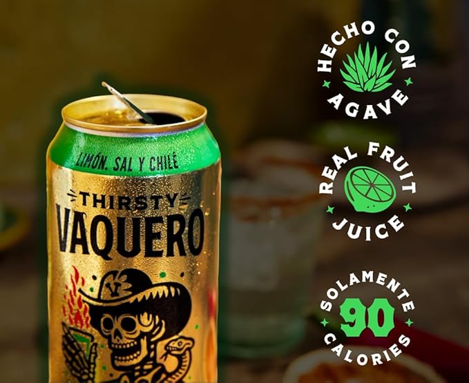 Thirsty Vaquero Lime Salt &amp Chile Flavored soda (Limon Ladron) Mexican-inspired soda Real Fruit Juice &amp Savory Spices Made with Organic Agave Low Calorie Natural Juice 16 oz Cans 12-P