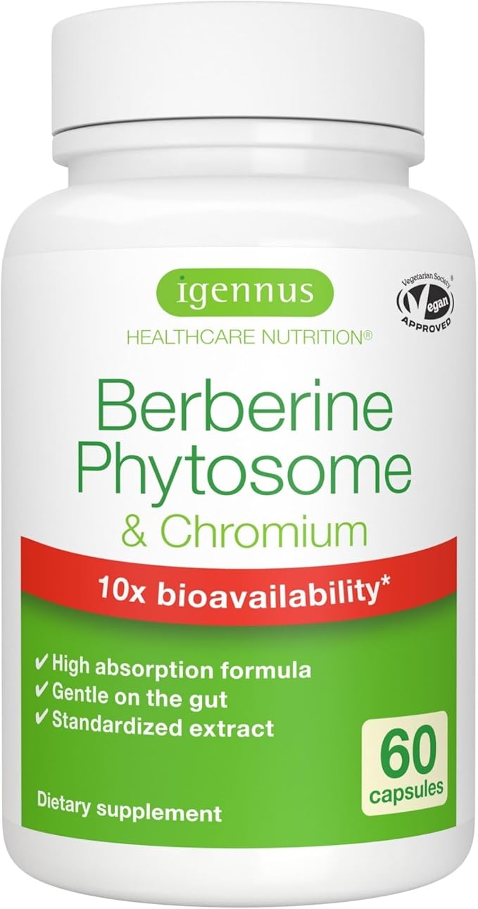 Igennus Dual Action Berberine Phytosome 550mg &amp Chromium Picolinate 10x Absorption Blood Glucose Control Standardized Berberis Extract Supplement Clean Label Vegan 60 Capsules