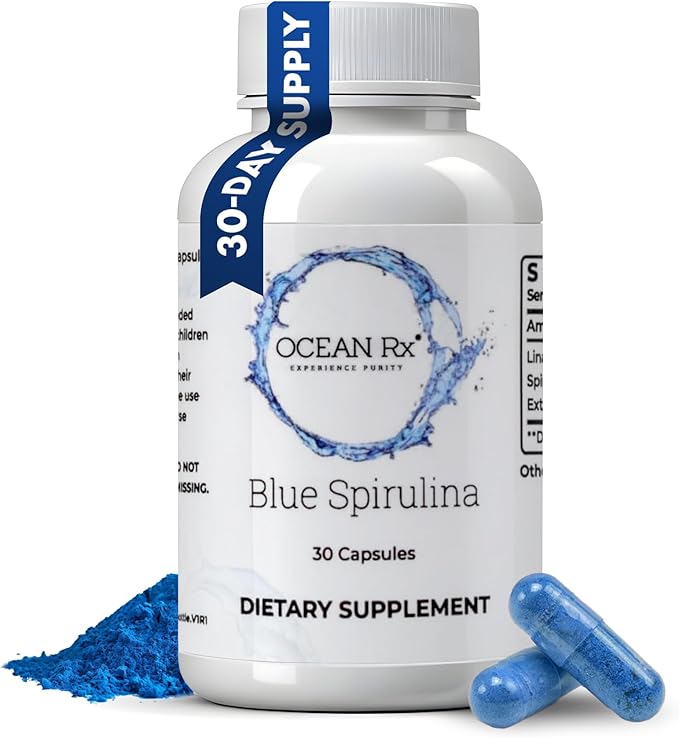 Organic Pure Blue Spirulina Capsules | Natural Superfood | Prebiotic Phycocyanin Supplement | Healty Skin Oral Health &amp Wound Recovery | 30 Serving Bottle