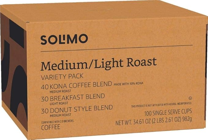 Amazon Brand - Solimo Variety Pack Light and Medium Roast Coffee Pods (Kona Breakfast Donut) Compatible with Keurig 2.0 K-Cup Brewers 100 Count (Pack of 5)