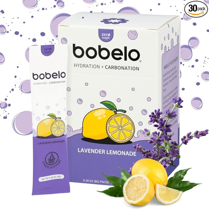 Bobelo Self Carbonating Hydration Packets Lavender Lemonade 30 Pack Sparkling Water &amp Soda Alternative Sugar Free Electrolytes Powder Packets Water Enhancer Drink Mix Low Calorie Keto Frien