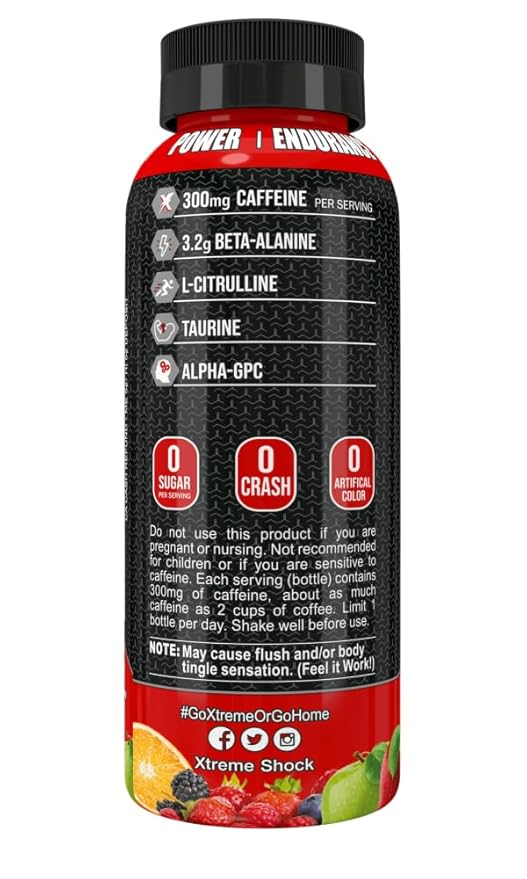 Xtreme Shock RTD Pre-Workout Energy Drink Fruit Punch 12 Fl Oz (Pack of 12)