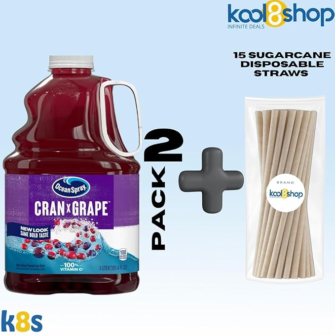 Ocean Spray Cran Grape Juice Drink 101.4 fl oz Plastic Bottles 2 Pack + 15 Sugarcane Disposable Straws by KOOL8SHOP Infinite Deals