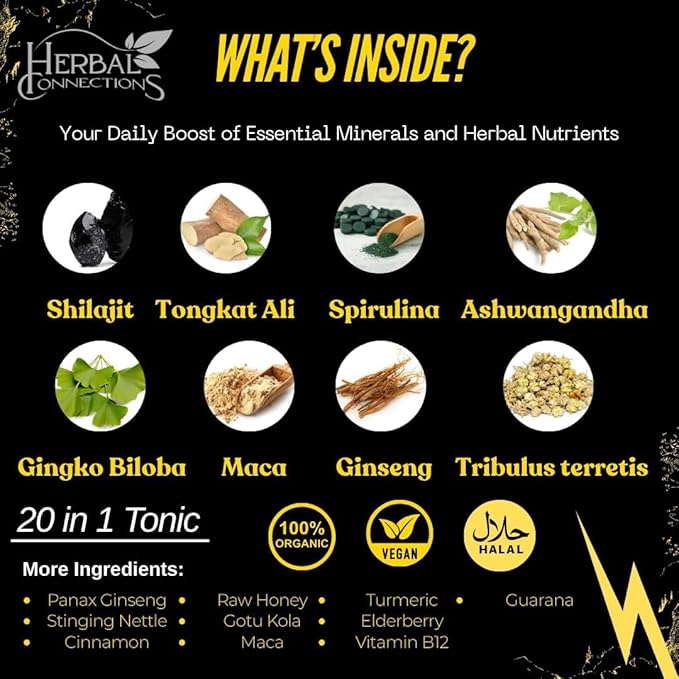 Organic Shilajit Tonic 16 oz | 32 Servings | 20-Herb Adaptogen Blend w/Ashwagandha Maca Spirulina &amp Turmeric | Liquid Energy Hormone Balance &amp Detox Support | Vegan Non-GMO