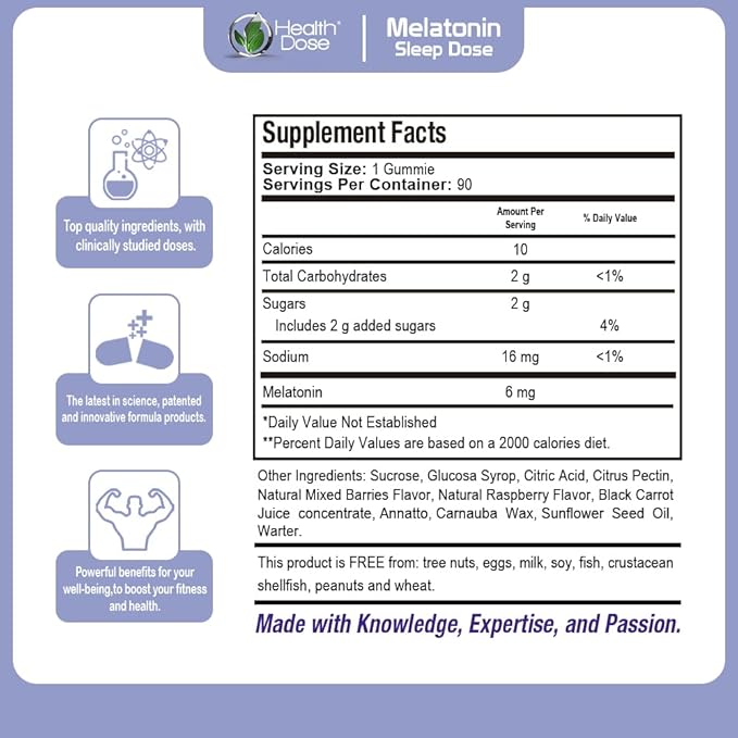Health Dose Melatonin 6 mg Extra Strength Gummies Pre-Bedtime Supplement for Restful Sleep for Adults 90 Gummies Mixed Berries Pack of 3