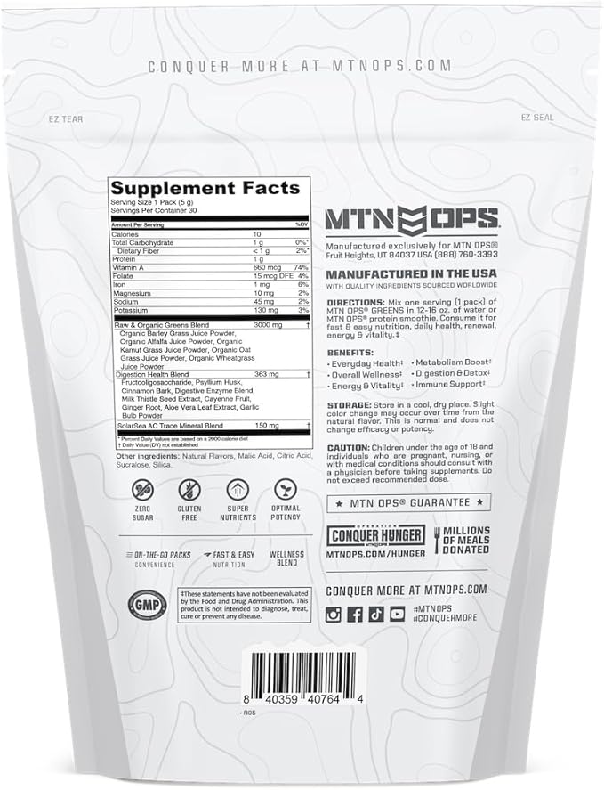 MTN OPS Greens Superfood Drink Mix Daily Greens Powder with Super Greens Chlorophyll Digestive and Immune Support Raspberry Flavor 30 On The Go Stick Packs