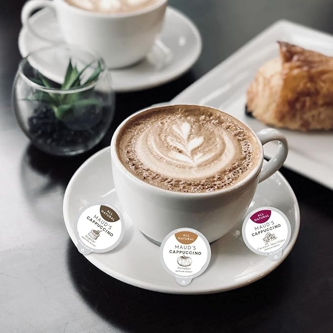 Maud's Classic Cappuccino Coffee Pods (Medium Dark Roast) 16ct. Solar Energy Produced Recyclable Single Serve 1 Step Cappuccino Pods 100% Arabica Coffee Milk and Sugar Included KCup Compatible
