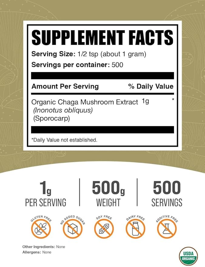 BulkSupplements.com Organic Chaga Mushroom Extract Powder - Organic Chaga Powder Mushroom Supplement - Gluten Free 1g per Serving 500g (1.1 lbs) (Pack of 1)