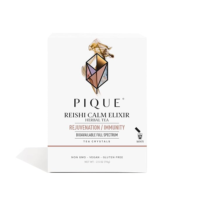 Pique Organic Reishi Mushroom Tea - Caffeine-Free Herbal Tea Adaptogen Powder for Rejuvenating Sleep and Rest Supports Healthy Immune System - 28 Single Servings (1 Pack)
