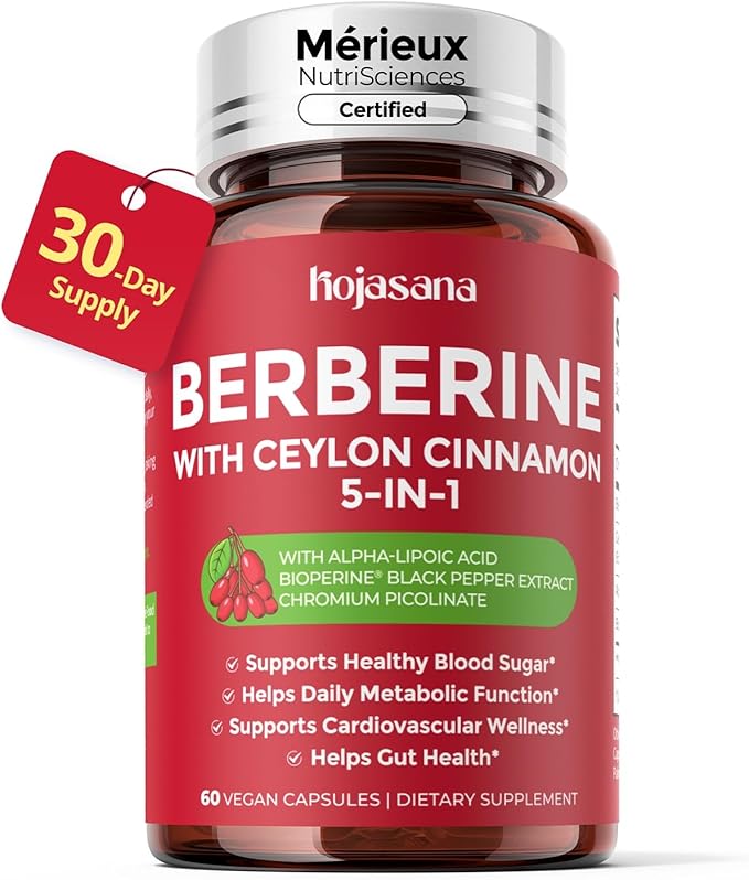 30-Day Supply Berberine 1600mg Berberine with Ceylon Cinnamon for Blood Sugar Cholesterol &amp Metabolism* | Gluten-Free Non-GMO &amp Vegan Berberine Supplement | 60 Capsules