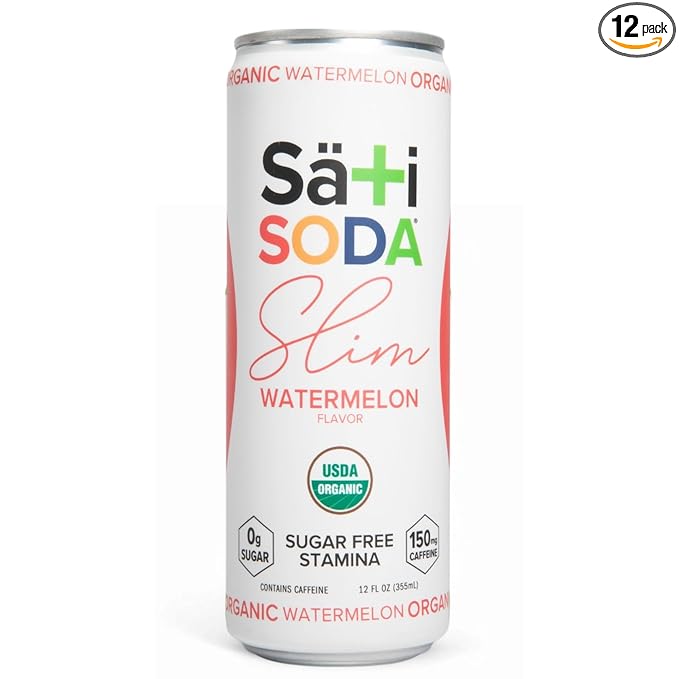 Sati Slim Organic Watermelon Soda - Adaptogenic Beverage with Lions Mane Green Coffee Bean &amp Acerola Vitamin C | Zero Calories Zero Sugar 12-Pack Case (12 Pack of 12 Ounce Cans Watermelon)