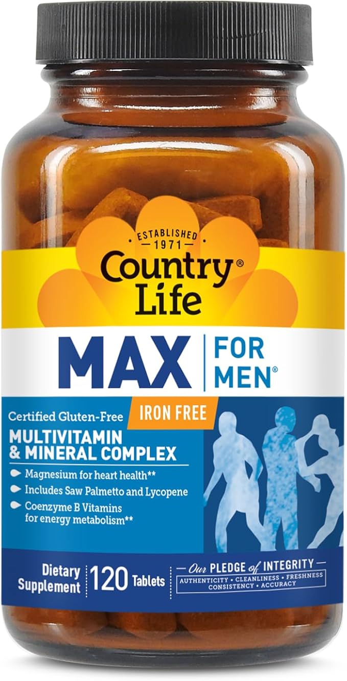 Country Life Max for Men Multivitamin: Iron-Free Gluten Free Saw Palmetto Lycopene Daily Support for Energy Heart &amp Men's Health120 Vegetarian Tablets