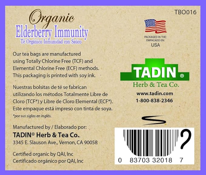 Tadin Organic Elderberry Tea Caffeine Free Herbal Tea for Immunity Support 20 Tea Bags Per Box Pack of 6