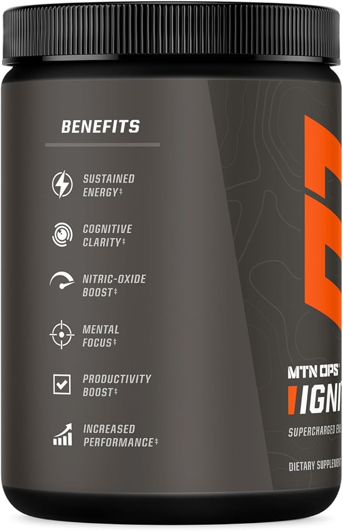 MTN OPS Ignite Energy Drink Powder Naturally Gluten Free &amp Sweetened with Monk Fruit Nitric Oxide Supplement Drink Mix Caffeine &amp Nootropic Sugar Free Drink Mix 45 Servings Citrus Italian