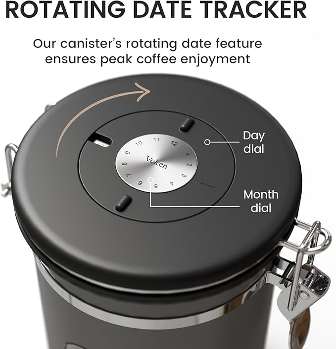 Veken Large Coffee Canister with Window Kitchen Food Storage Airtight Stainless Steel Container for 2.2lbs Coffee Beans Grounds RiceTea Flour Cereal Sugar JarsDate Tracker and Scoop 39ozBlack