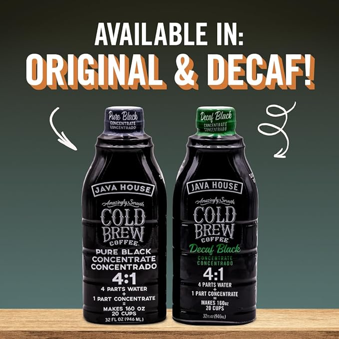 JAVA HOUSE Cold Brew Coffee Decaf Colombian 4:1 Liquid Concentrate 32 Ounce Bottle
