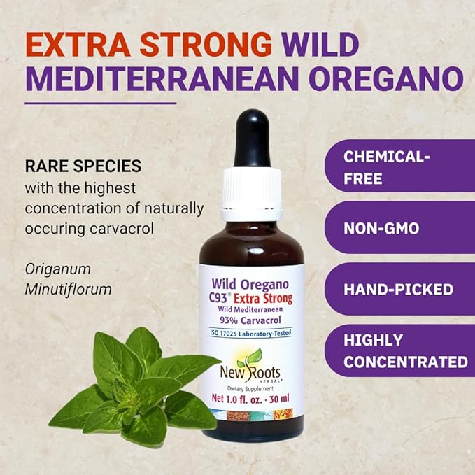 NEW ROOTS HERBAL Wild Oregano Oil Drops | Extra Strong with 93% Carvacrol (1 fl oz) | 547 Servings Highest Concentration Oil of Oregano Extract | Non GMO Vegan Gluten Free
