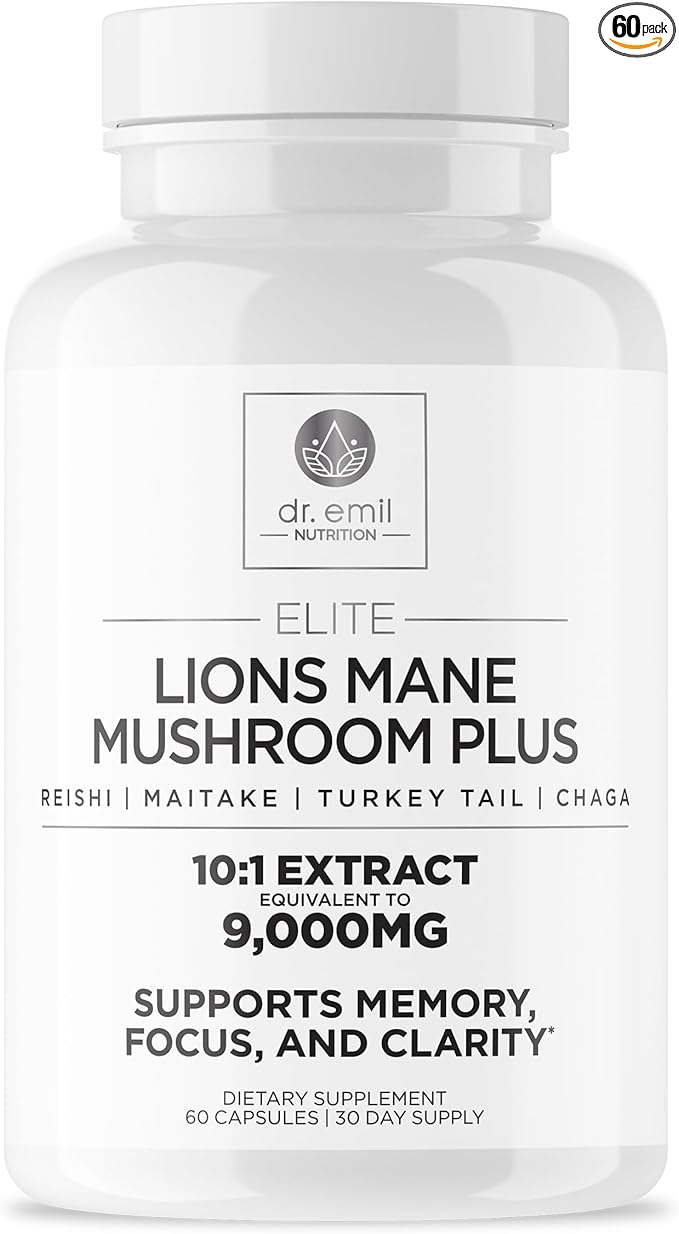 DR. EMIL NUTRITION 9000mg Organic Lions Mane Supplement Capsules with Chaga Reishi &amp Maitake - Natural Mushroom Blend for Wellness Support