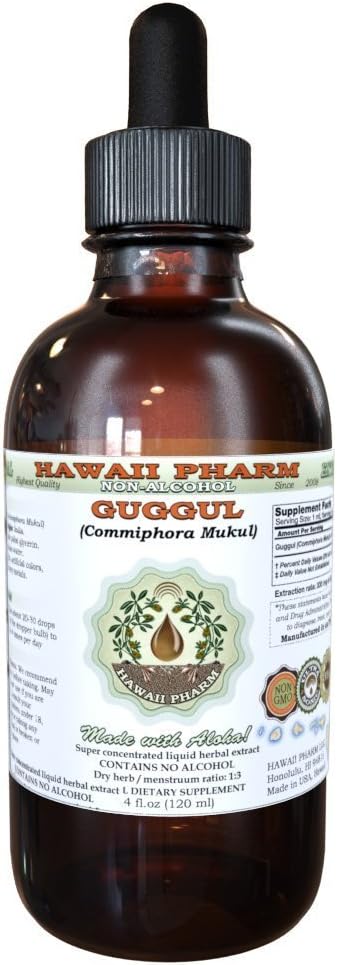 Hawaii Pharm Guggul Alcohol-Free Liquid Extract Guggul (Commiphora Mukul) Unprocessed Gum Resin Glycerite Natural Herbal Supplement 4 oz