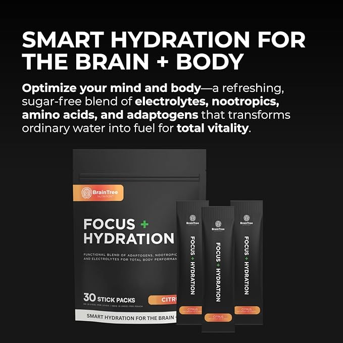 BrainTree Nutrition - Focus + Hydration - Electrolyte Drink Mix - Total Body Hydration - Supports Cognitive Function Energy &amp Muscle Recovery - Sugar Free - Citrus - 30 Stick Packs