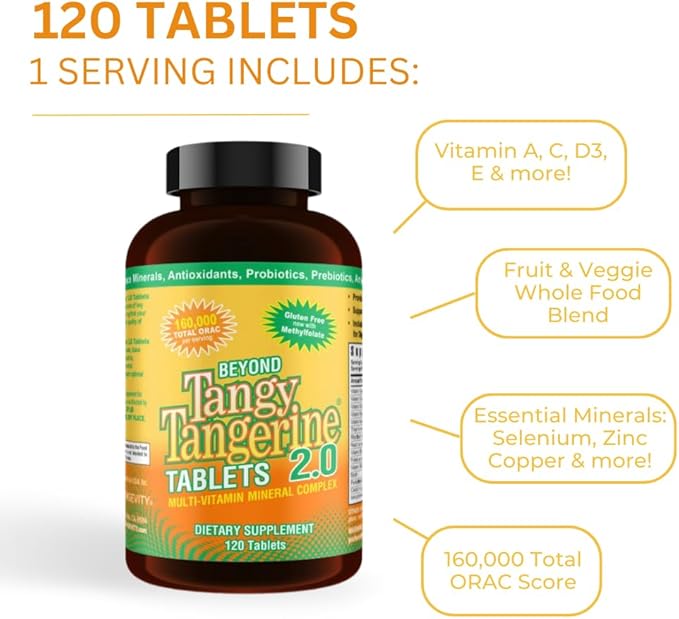 Youngevity Beyond Tangy Tangerine 2.0 Multi-Vitamin &amp Mineral Complex - Made with Natural &amp Whole Foods | 160000 ORAC | 120 Tablets | 1 Bottle