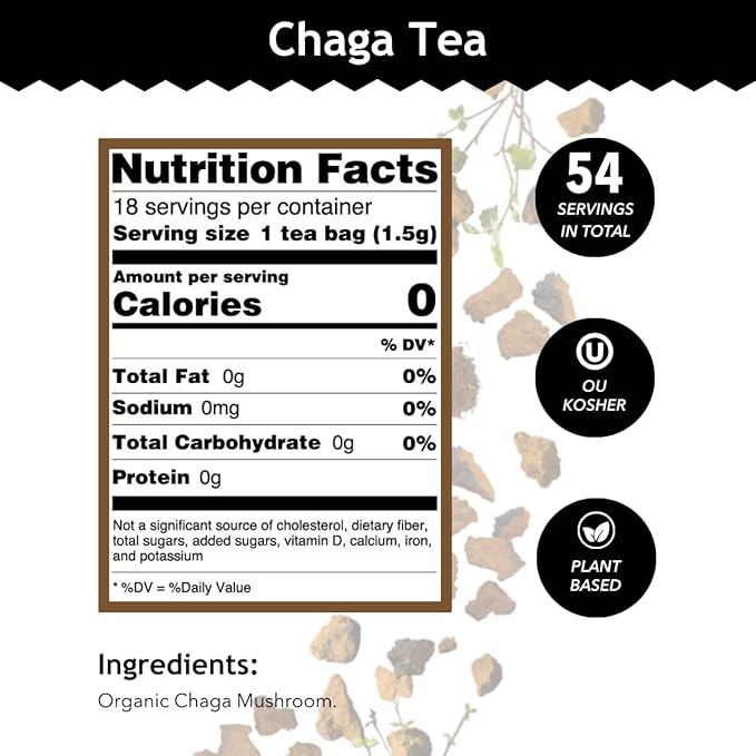 Buddha Teas - Chaga Tea - Organic Herbal Tea - For Cognitive Balance &amp Overall Health - With Chaga Mushroom Antioxidants &amp B Vitamins - Caffeine Free - 100% Kosher &amp Non-GMO - 18 Tea Bags
