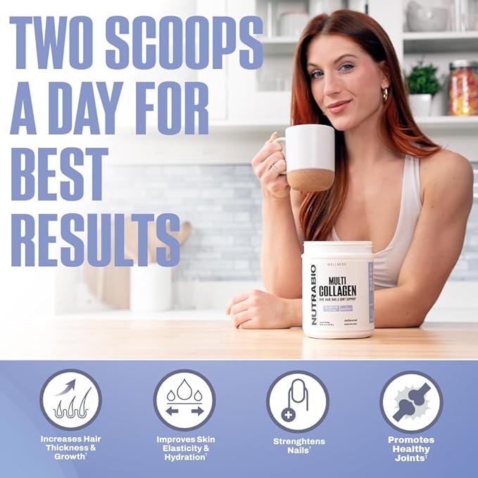NutraBio Multi Collagen Powder - Hydrolyzed Collagen Peptides for Glowing Hair &amp Skin - Grass-Fed - Collagen Powder for Women and Men - 40 Servings