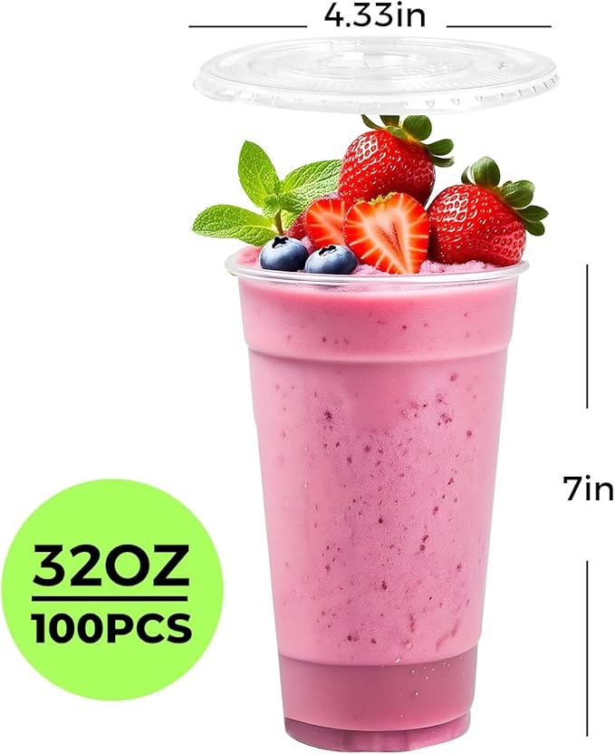 [100 SETS] 32 oz Cups with lids Plastic cups with lids and straws iced coffee cup suitable for takeout iced coffee cold drinks smoothies juices parfaits Frappuccinos and milkshakes.