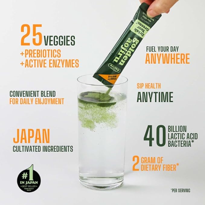 Golden Aojiru Green Superfood Powder – Japanese Barley Grass Juice with 25+ Vegetables Prebiotic &amp Enzymes – Gluten Free Green Juice – 46pcs pack of 2