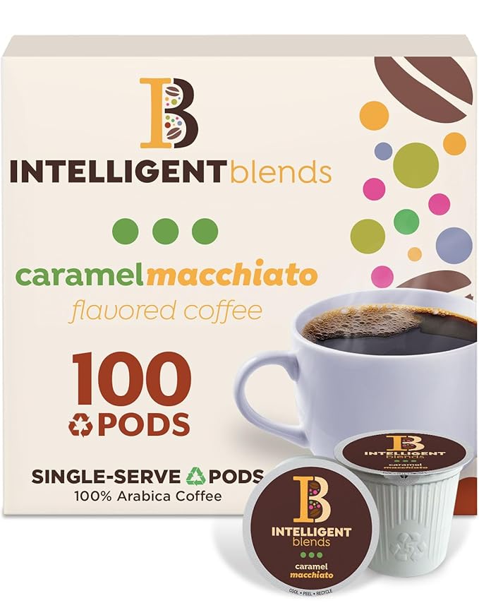 Intelligent Blends Caramel Macchiato Flavored Coffee Pods 100 ct Medium Roast Single Serve Pods – 100% Arabica Coffee Compatible with Keurig K Cups Maker